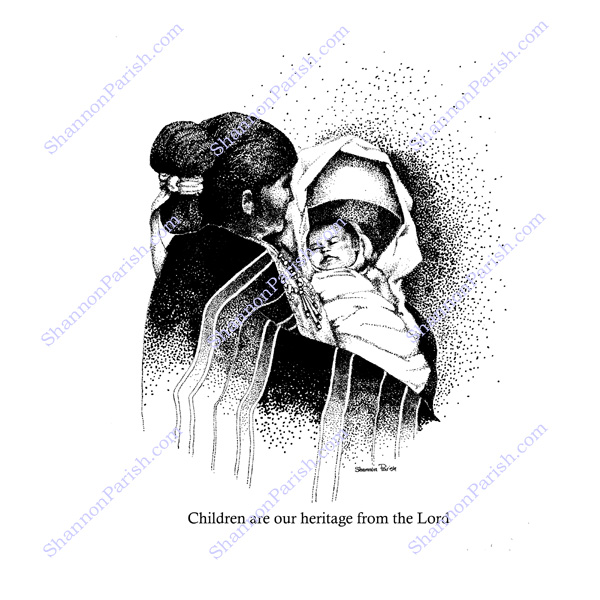 Stippling artwork of a Navajo Mother and her infant