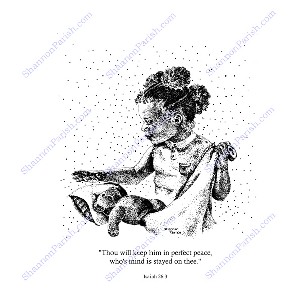 Stippling artwork of an African American girl and her teddy bear