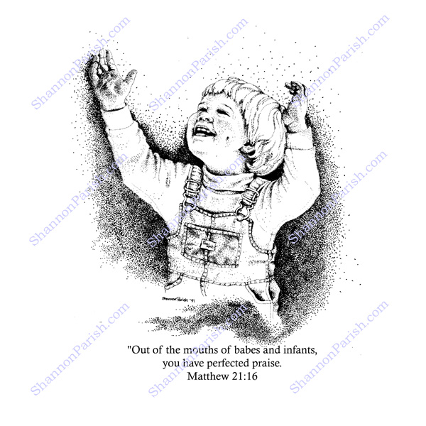 Stippling artwork of a child with his hands in the air in praise