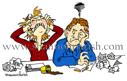 Cartoon of couple frustrated over paperwork