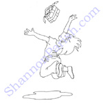 Girl jumping for joy over gift - coloring page