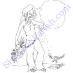 Teen girl feeding the birds - caption open - child's coloring page