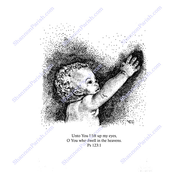 Stippling artwork of a toddler reaching out