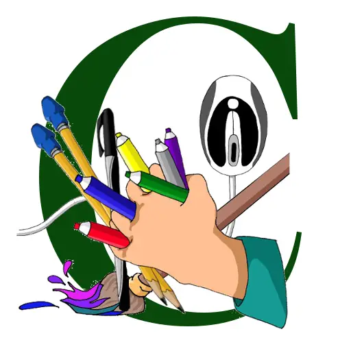 Logo of a large green C representing Creative, with a hand holding multiple types of drawing and painting medium. A mouse is in the background to signal technology.