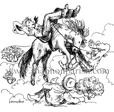 Pen & Ink cartoon of bucking bronco and cowboy